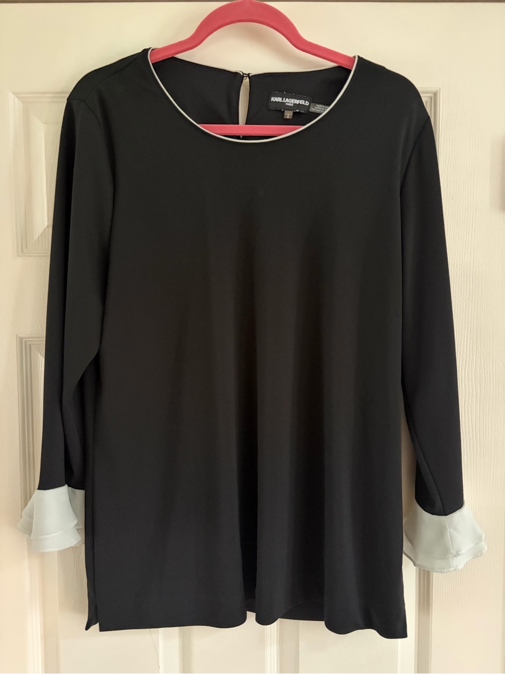 Karl Lagerfeld Black Long Sleeve Blouse with White Trim and Layered Cuffs